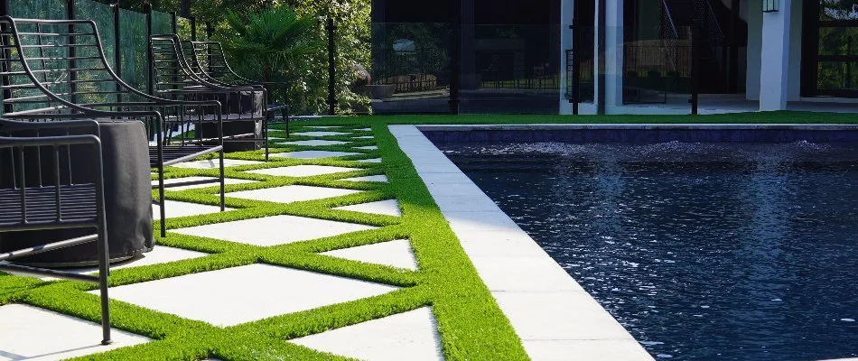 Artificial turf as an accent in a poolside area in Mountain Brook, AL.