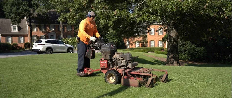 Crew mowing grass in Mountain Brook, AL.