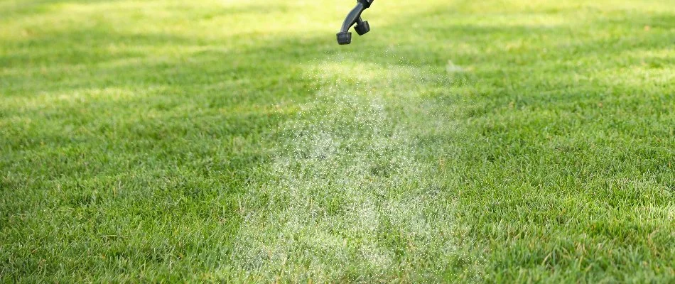 Green lawn in Mountain Brook, AL, getting sprayed with a weed control treatment.