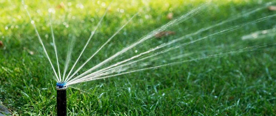 Green lawn in Brownsboro, AL, with a sprinkler head for irrigation system.
