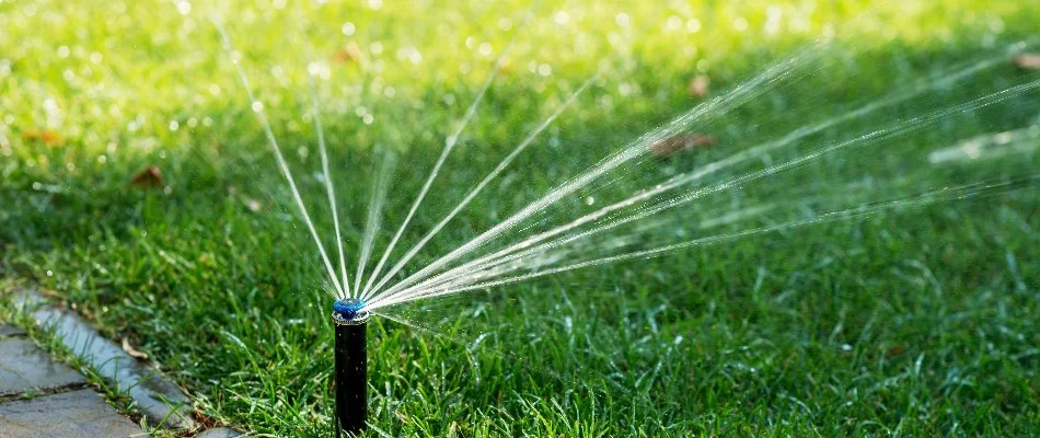 Green lawn in Hoover, AL, with a sprinkler irrigation system.