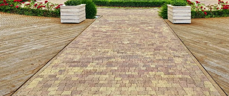 Paver driveway in Mountain Brook, AL, with decorative plants.