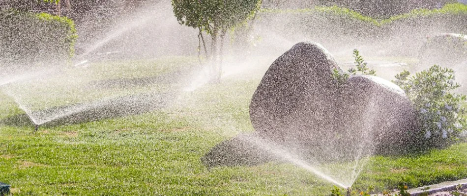 Sprinkler irrigation system on a lawn in Meridianville, AL.