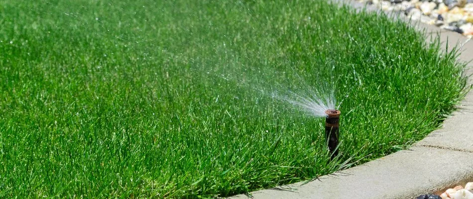 Sprinkler head releasing water for a lawn in Greystone, AL.