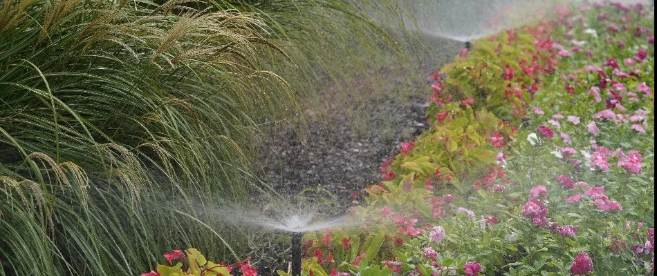 Sprinkler irrigation watering flowers in a landscape in Mountain Brook, AL.