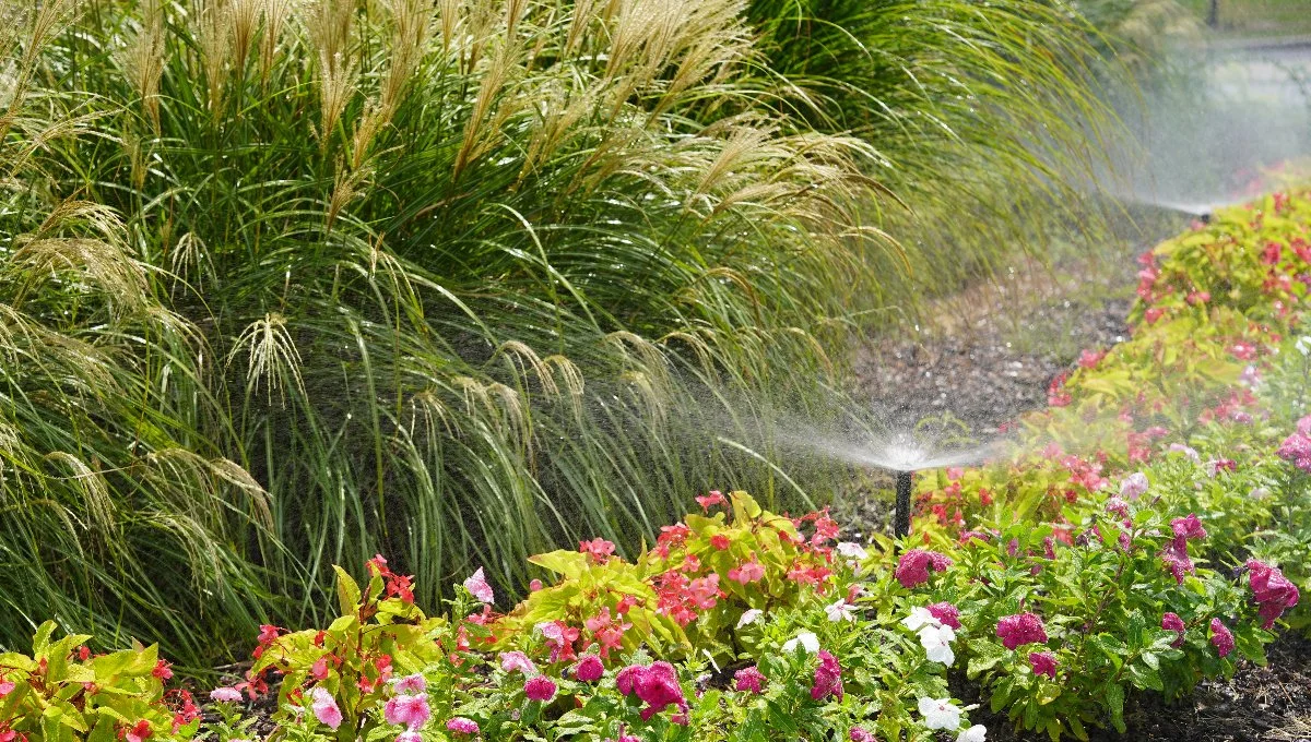 Sprinkler heads spraying water on flowers and long plants.